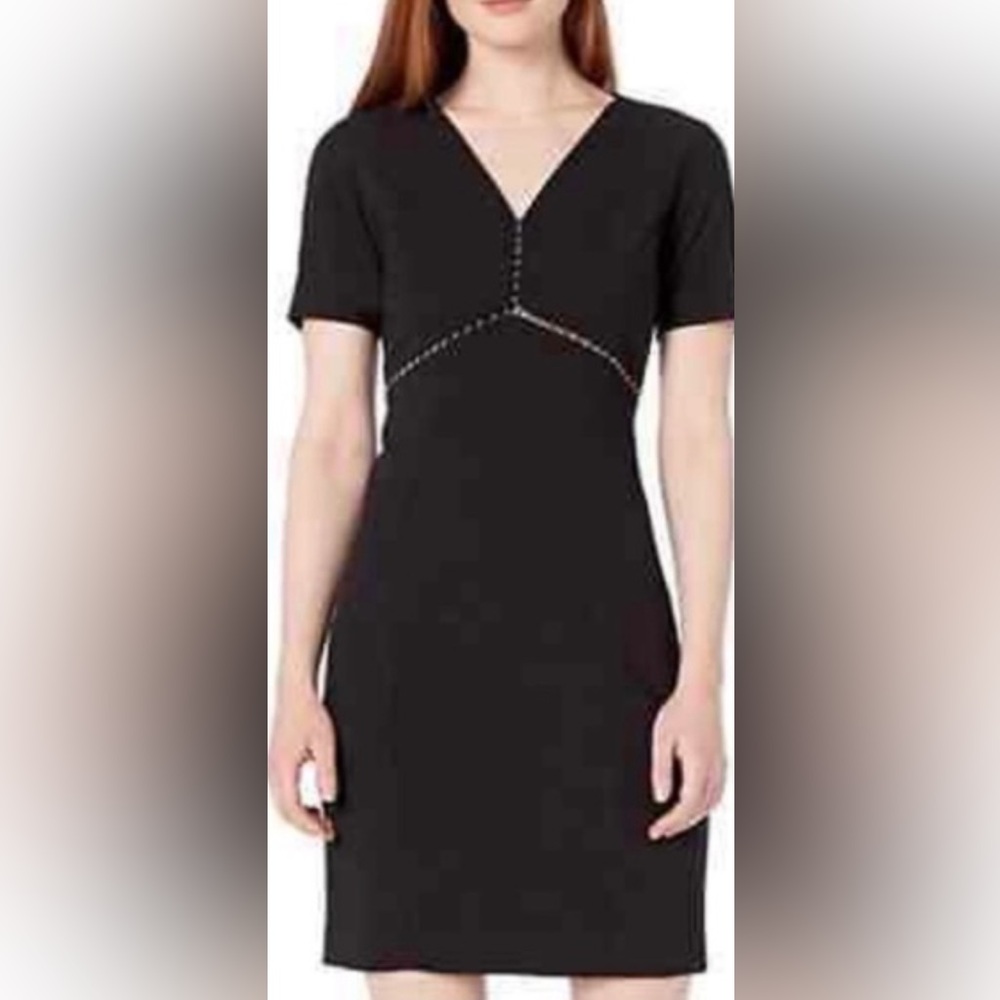 T Tahari Black Mary Dress V Neck Short Sleeves Open Beaded Bodice to Waist S